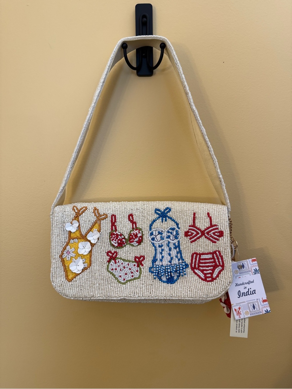 Handcrafted in India flaws. Cream Beaded Shoulder Bag with Colorful Bikini NWT